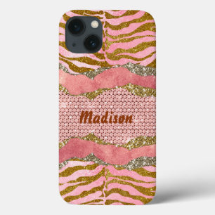 Elegant glittery blush rose animal print monogram iPhone 13 case