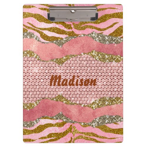 Elegant glittery blush rose animal print monogram clipboard