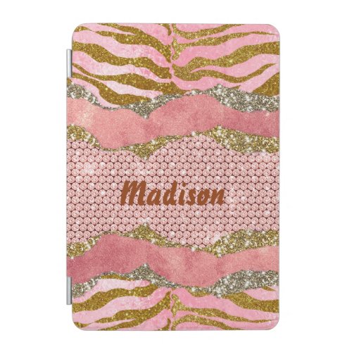Elegant glittery blush rose animal print monogram  iPad mini cover