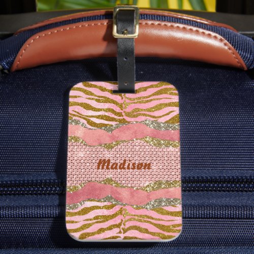 Elegant glittery blush rose animal print monogram  luggage tag