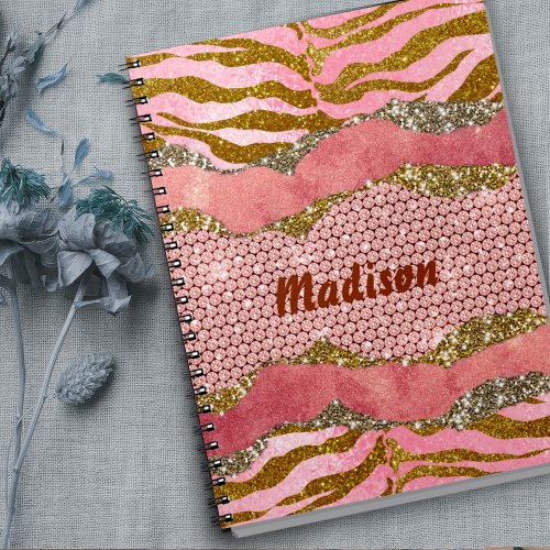 Elegant glittery blush rose animal print monogram  notebook