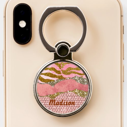 Elegant glittery blush rose animal print monogram  phone ring stand