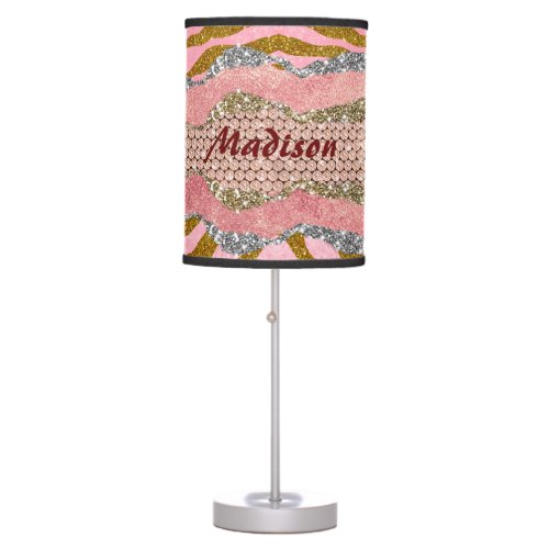 Elegant glittery blush rose animal print monogram table lamp