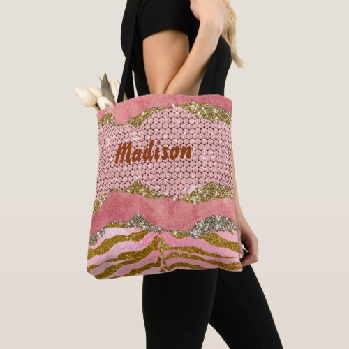 Elegant glittery blush rose animal print monogram  tote bag