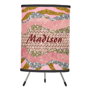 Elegant glittery blush rose animal print monogram tripod lamp