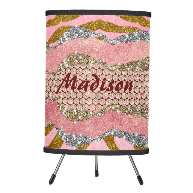 Elegant glittery blush rose animal print monogram tripod lamp (Front)
