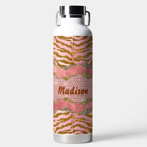 Elegant glittery blush rose animal print monogram  water bottle