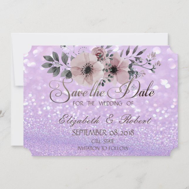Elegant Glittery Bokeh  Floral Save The Date (Front)