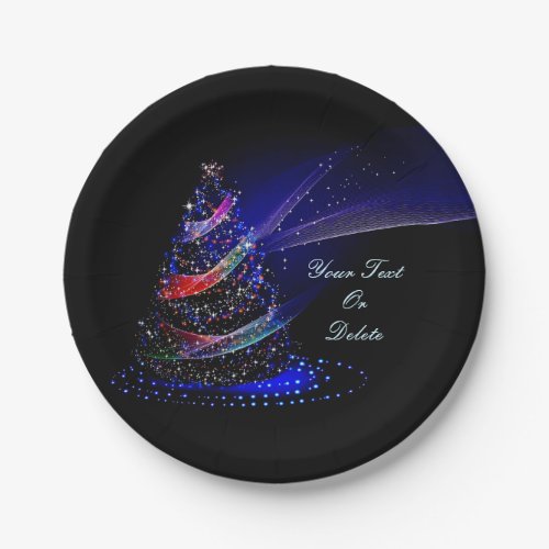 Elegant Glittery Christmas Tree Blue Your Text Paper Plates