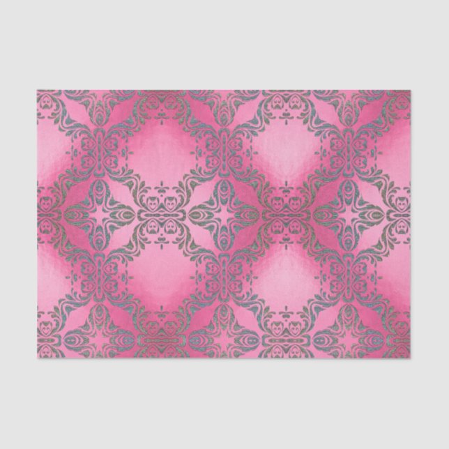 Elegant Glittery Damask Pattern On Pink Metallic Tissue Paper (Front)