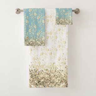 Elegant Glittery Flowers on Powder Blue Bath Towel Set