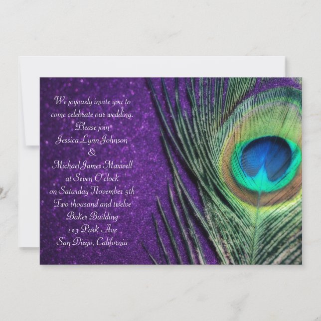 Elegant Glittery Purple Peacock Wedding Invitation (Front)