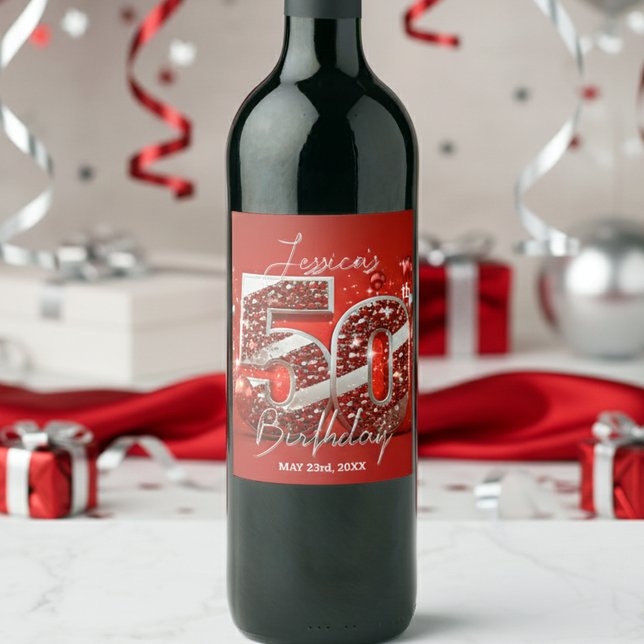 Elegant Glittery Red and Silver 50th Birthday Wine Label (Creator Uploaded)