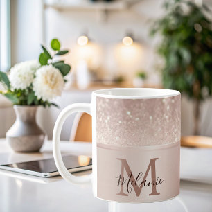 Elegant glittery rose gold metal glam monogram coffee mug