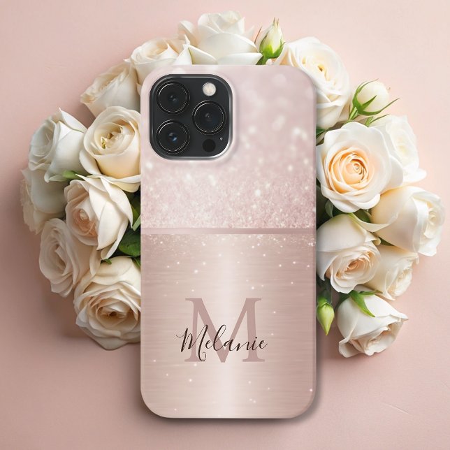 Elegant glittery rose gold metal glam monogram  iPhone case (Creator Uploaded)