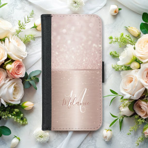 Elegant glittery rose gold metal glam monogram iPhone 8/7 wallet case