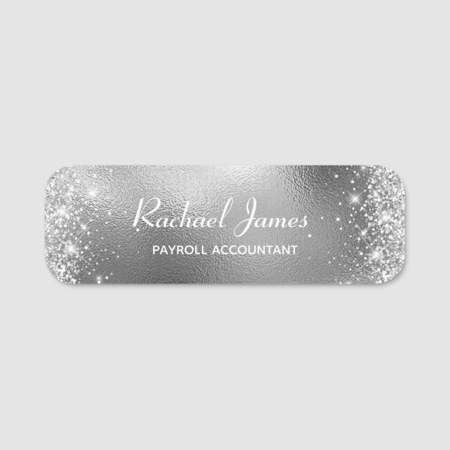 Elegant Glittery Silver Foil Name Tag (Front)