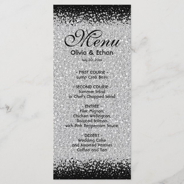 Elegant Glittery Silver on Black Wedding Menu (Front)