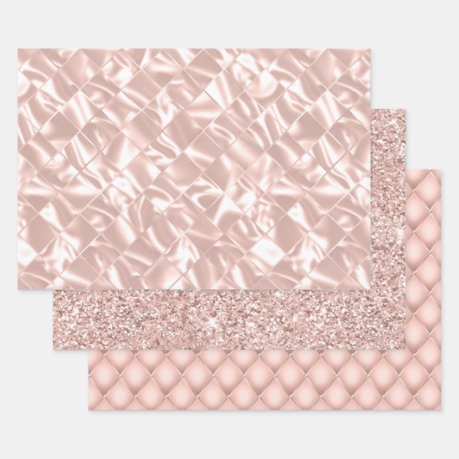 Elegant Glitzy Blush Pink and Silver Faux Satin Wrapping Paper Sheets (Set)