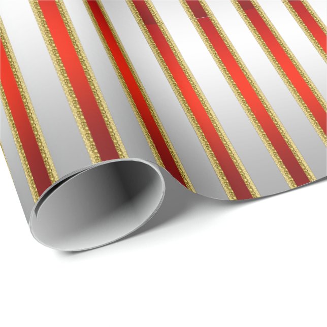 Elegant Glitzy Shiny Silver and Red Stripes Wrapping Paper (Roll Corner)