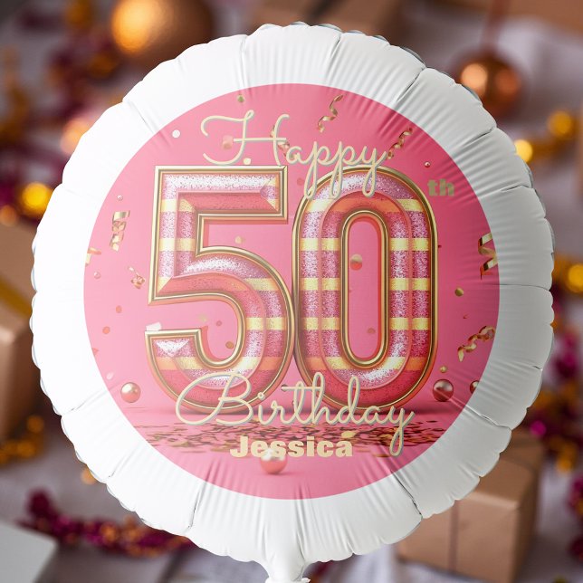 Elegant Glitzy Striped Pink & Gold 50th Birthday  Balloon (Creator Uploaded)