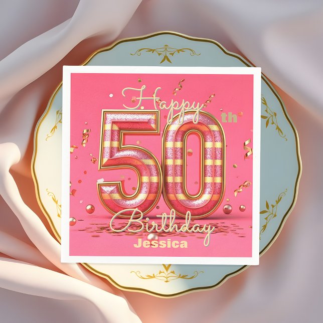 Elegant Glitzy Striped Pink & Gold 50th Birthday  Napkins (Creator Uploaded)