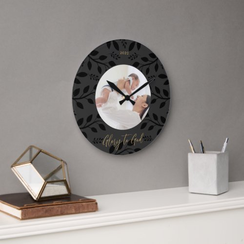 Elegant Glory to God Botanical Christmas Black Large Clock