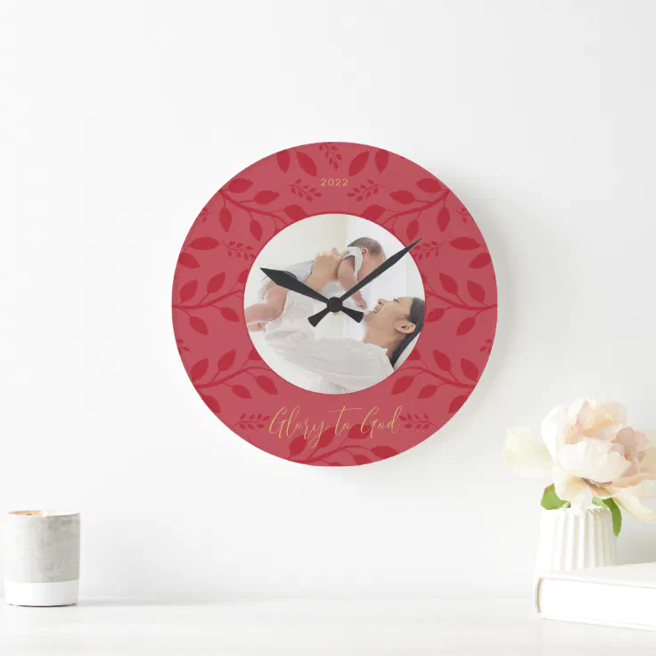 Elegant Glory to God Botanical Christmas Red Photo Large Clock