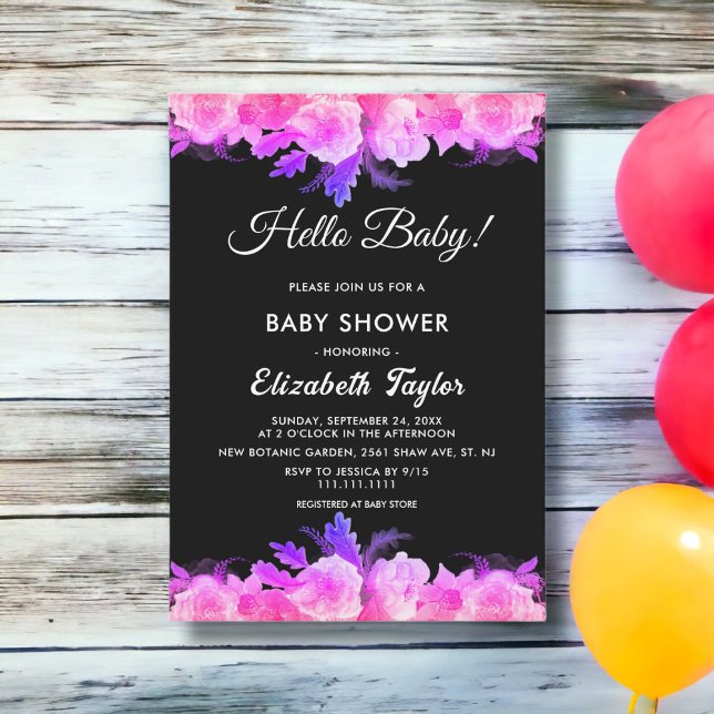 Elegant Glow Roses Neon Modern Floral Baby Shower Invitation (Creator Uploaded)