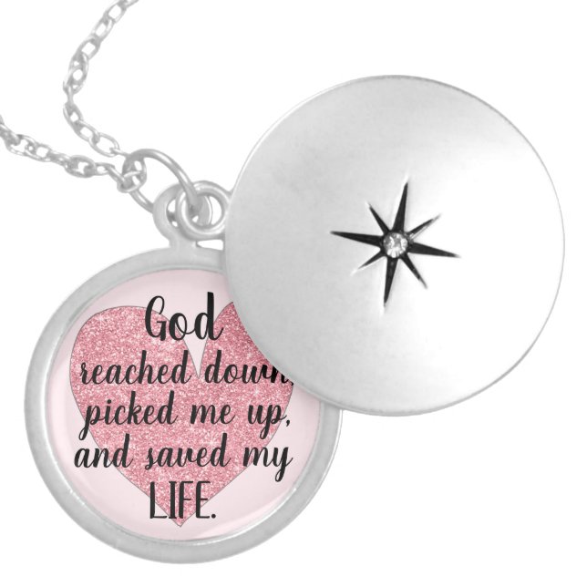 Elegant God Saved My Life Rose Gold Glitter Heart Locket Necklace (Front)