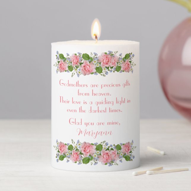 Elegant Godmother Gift Pink Roses Personalized Pillar Candle (In Situ)