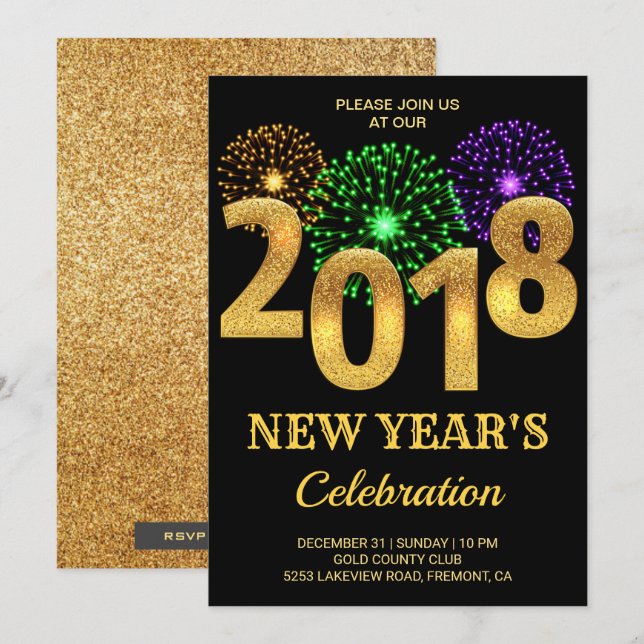 Elegant Gold 2018 Fireworks New Year's Eve Party Invitation (Front/Back)