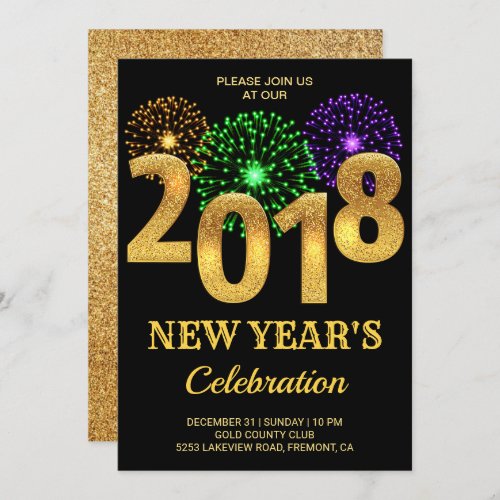 Elegant Gold 2018 Fireworks New Years Eve Party Invitation