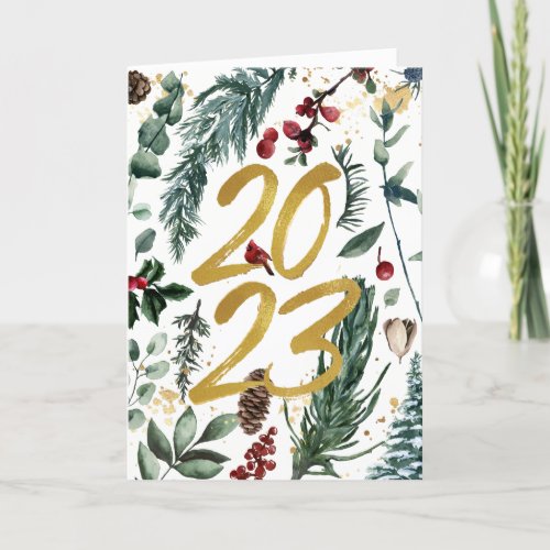 Elegant Gold 2023 Festive Pine Bough Floral Photo Holiday Card