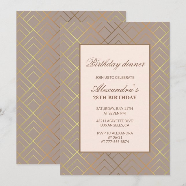 Elegant Gold 28th birthday invitations Dinner  (Front/Back)