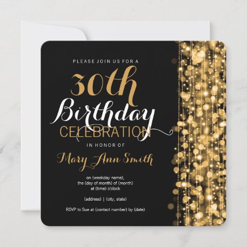 Elegant Gold 30th Birthday Party Sparkles Invitation