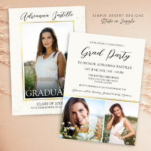 Elegant Gold 3 Photo Calligraphy Graduation Party Invitation