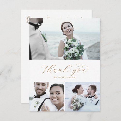 Elegant Gold 3 Photo Collage Wedding Thank You Postcard