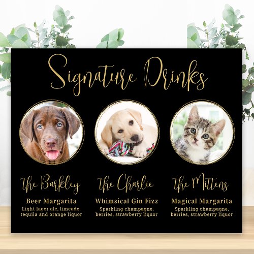 Elegant Gold 3 Photo Pet Wedding Signature Drinks  Poster