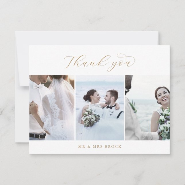 Elegant Gold 3 Photo Template Thank You Card (Front)