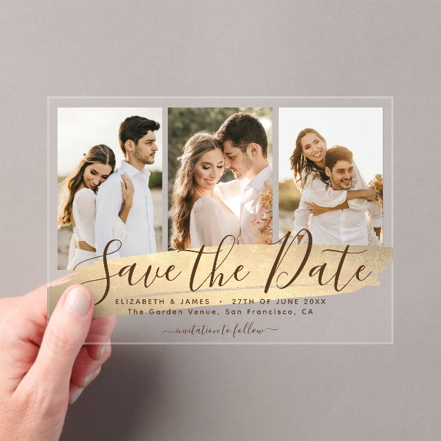 Elegant Gold 3 Photo Wedding Save The Date Acrylic Invitations (Insitu (Handheld))