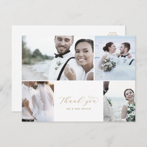 Elegant Gold 4 Photo Collage Wedding Thank You Postcard