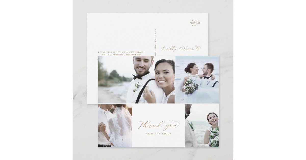 Elegant Gold 4 Photo Collage Wedding Thank You Postcard | Zazzle