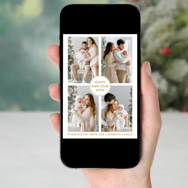 Elegant Gold 4 Photo Happy New Year Holiday Card (Front Digital)