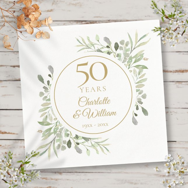 Elegant Gold 50th Anniversary Watercolor Greenery Napkins (Elegant Gold 50th Anniversary Watercolor Greenery Napkins)