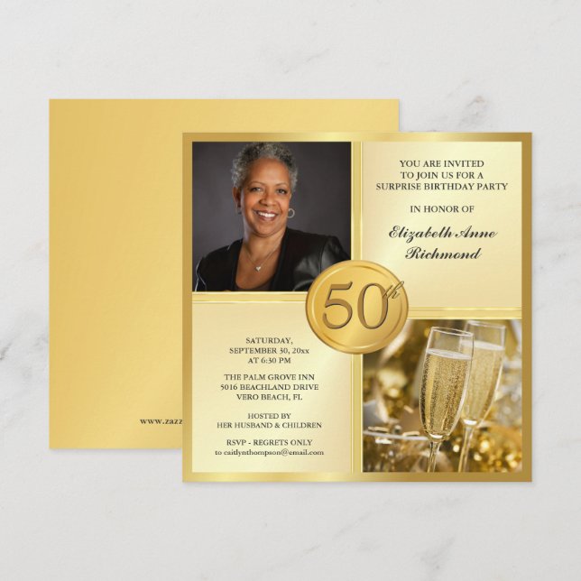 Elegant Gold 50th Birthday Party Photo Invitations (Front/Back)