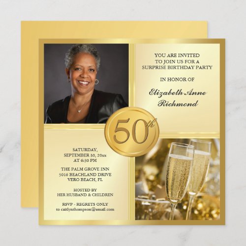 Elegant Gold 50th Birthday Party Photo Invitations