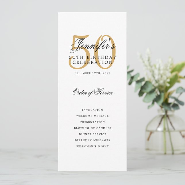 Elegant Gold 50th Birthday Party Program w/ Menu (Standing Front)