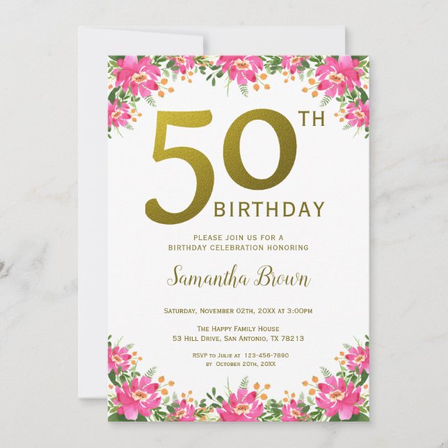 Elegant Gold 50th Birthday Pink Floral Invitation (Front)