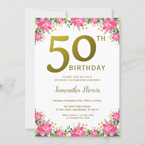 Elegant Gold 50th Birthday Pink Floral Invitation